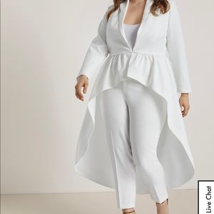 Winter white suit with hi-low jacket.